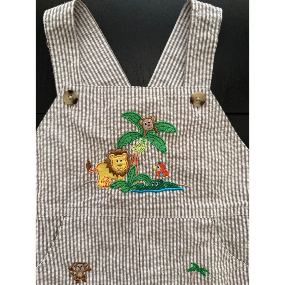 Goodlad Baby Boy Seersucker Short Overall Size 18 Month Brown Embroidered Animal